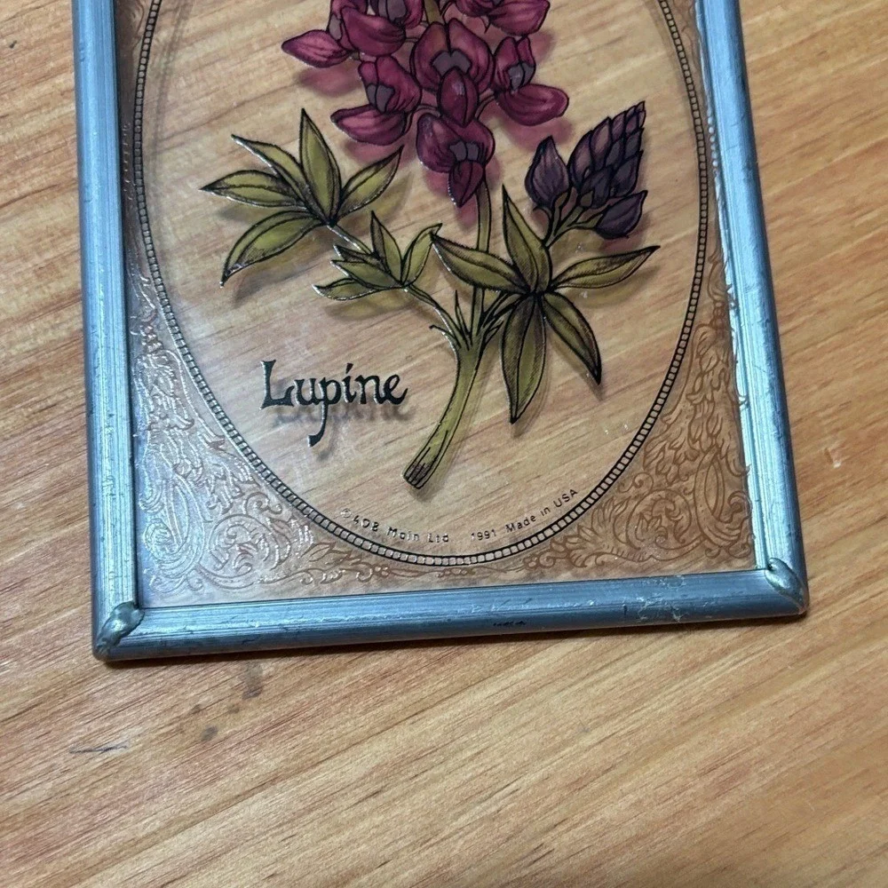 Vintage Lupine Floral Art Painted‎ Glass Sun Catcher w/ Metal Border 5.25